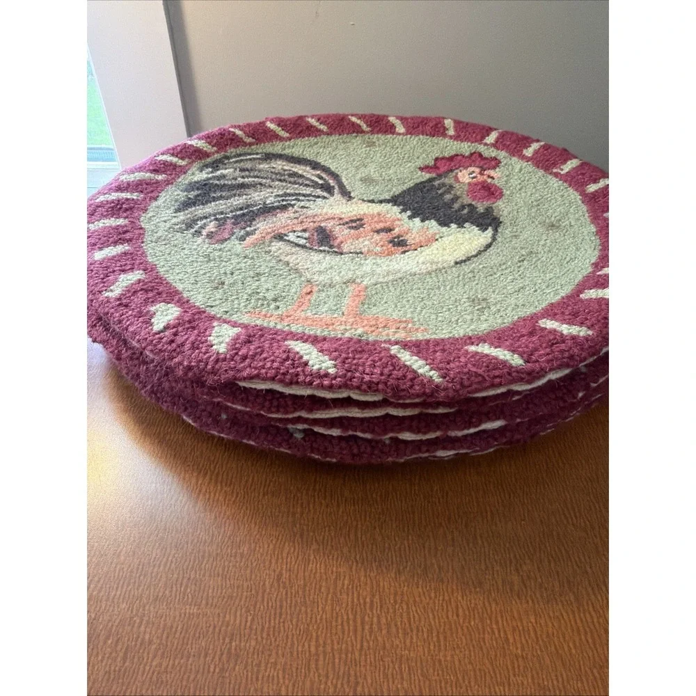 Set Of 5 Hooked Rug Rooster Chair Pads NWOT‎